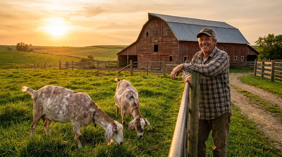 Two friendly wether goats on a green pasture with a red barn in the background at golden hour