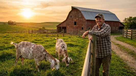 Two friendly wether goats on a green pasture with a red barn in the background at golden hour