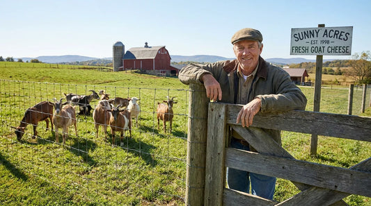 Farmer standing by a goat pasture gate with a woven wire fence and grazing goats on an American farm