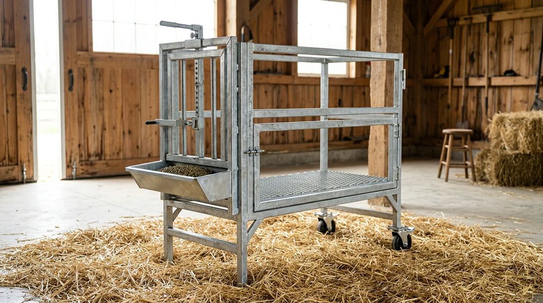 Heavy-duty steel goat milking and handling stand with adjustable head gate in a barn
