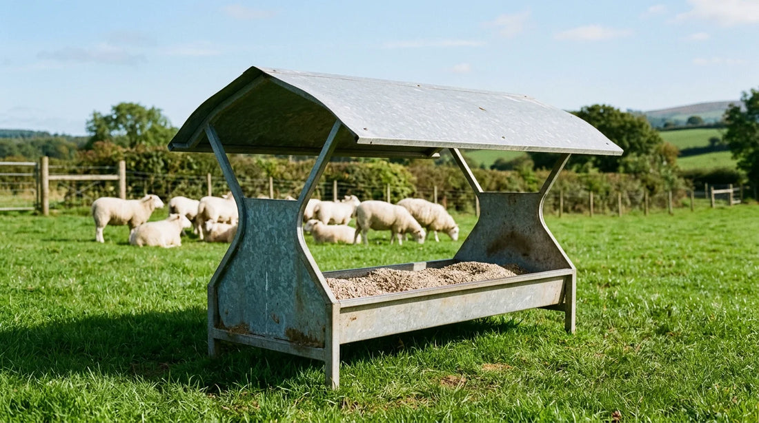 Roofed mineral feeder for sheep in a green pasture with a small flock grazing