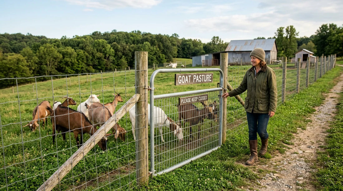 Vertical-bar metal goat gate in a fence line with goats grazing on a US farm