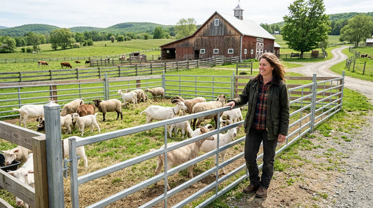 European homesteader beside a steel-panel pen containing goats and sheep on a US farm