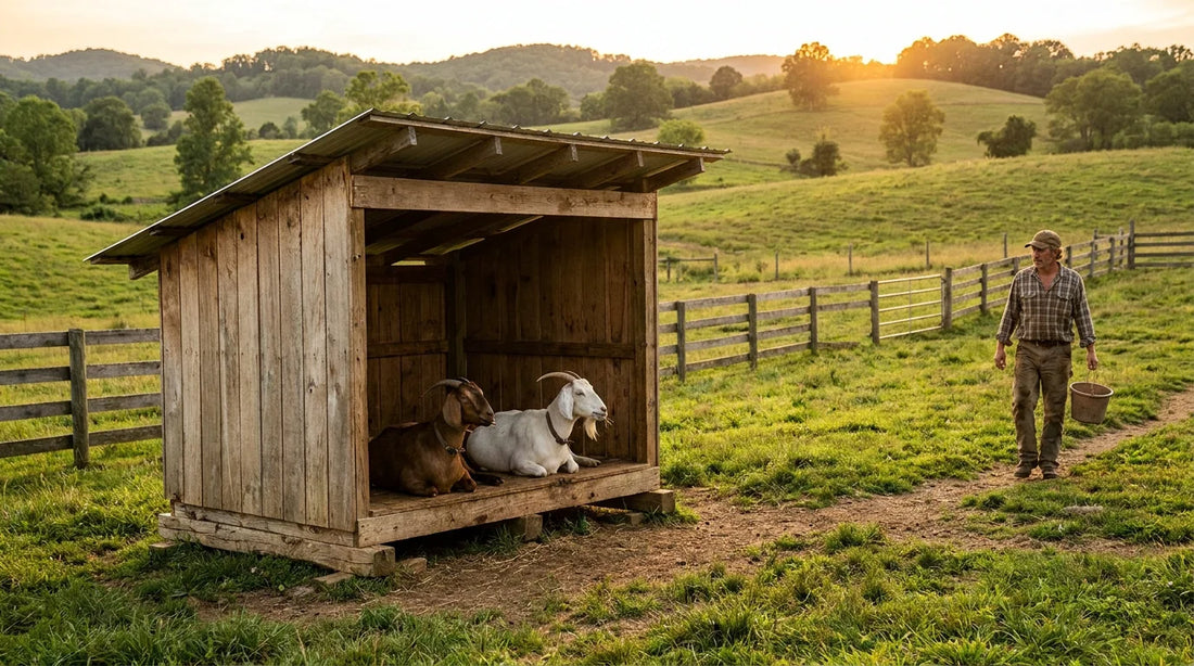 Portable three-sided goat shelter on skids in a green US pasture at golden hour
