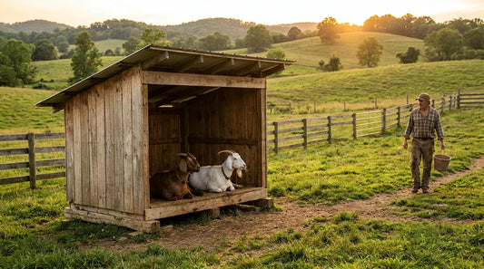 Portable three-sided goat shelter on skids in a green US pasture at golden hour
