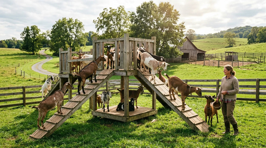 Herd of goats climbing a multi-level wooden structure in a green pasture with a farmer nearby