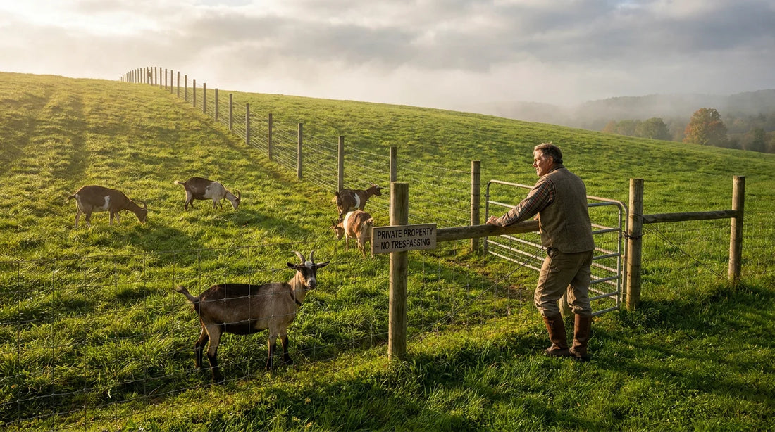 Woven wire goat fence running along a sloped green hillside pasture with goats grazing