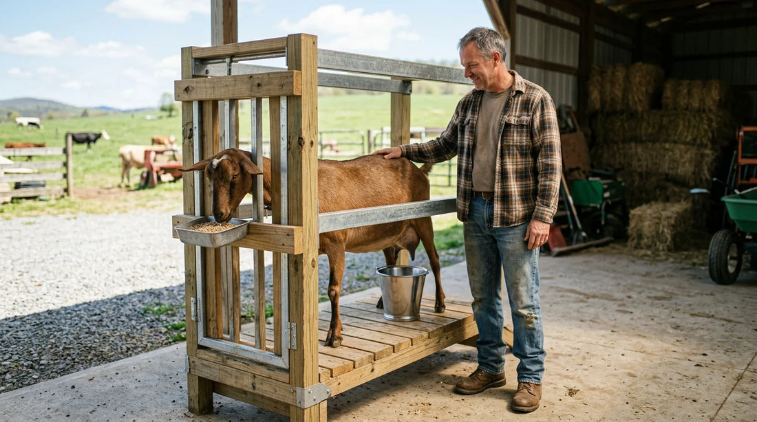 A dairy goat secured on a sturdy milking stand with a European farmer nearby
