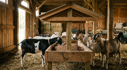 Roofed goat mineral feeder with fresh loose minerals and a small herd of goats