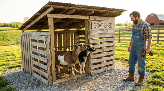 Rustic pallet goat shelter with tin roof on a sunny US homestead pasture
