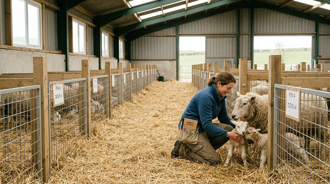 A shepherd tending a ewe and newborn lambs in a row of lambing jugs inside a barn