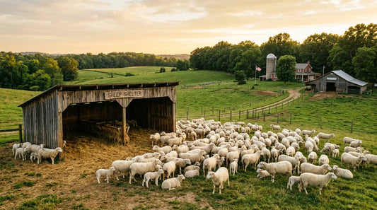 Flock of sheep beside an open three-sided pasture shelter at golden hour