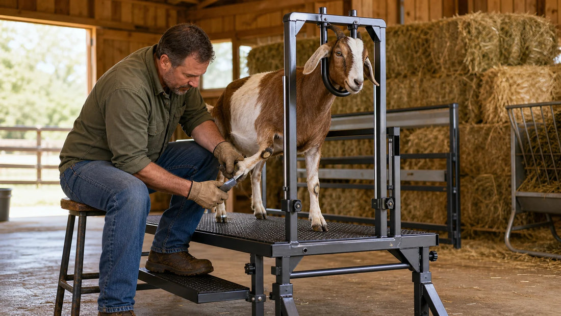 European farmer trimming a goat's hoof on a raised steel stand in a sunlit barn