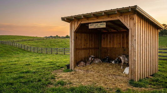 Three-sided wooden goat shelter with metal roof on a green US farm pasture at golden hour