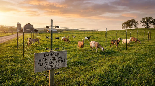 Electric fence surrounding a goat pasture on an American farm at golden hour