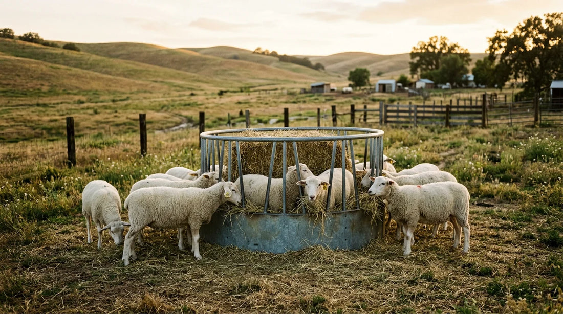A flock of sheep feeding from a round bale feeder in an open pasture