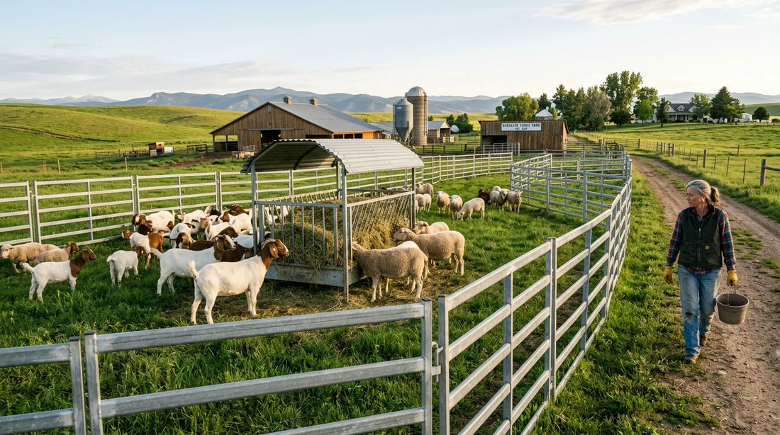 Modular livestock panels forming a pen with goats and sheep on a US farm