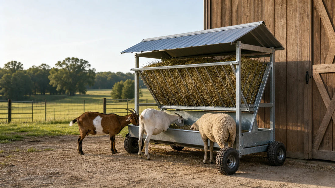 Covered two-in-one livestock feeder with goats and sheep on an American farm