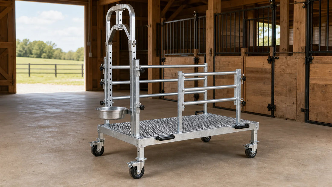 Wheeled goat stand in a US farm barn
