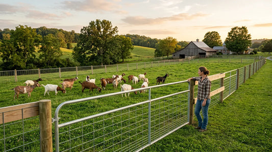 Goat panel fence surrounding a small herd in a US pasture at golden hour
