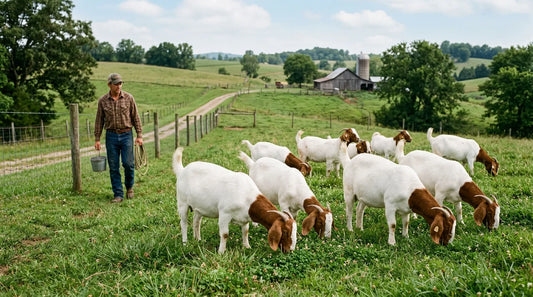 Herd of Boer goats on open pasture at golden hour on a US farm