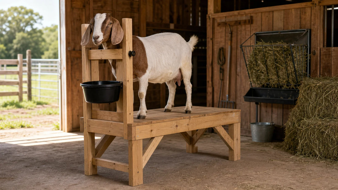Completed wooden goat milking stand with a goat in a farm barn