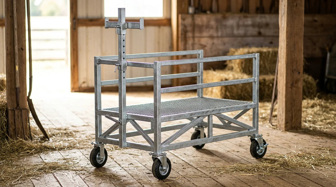 Heavy-duty steel goat grooming stand with adjustable headpiece and wheels