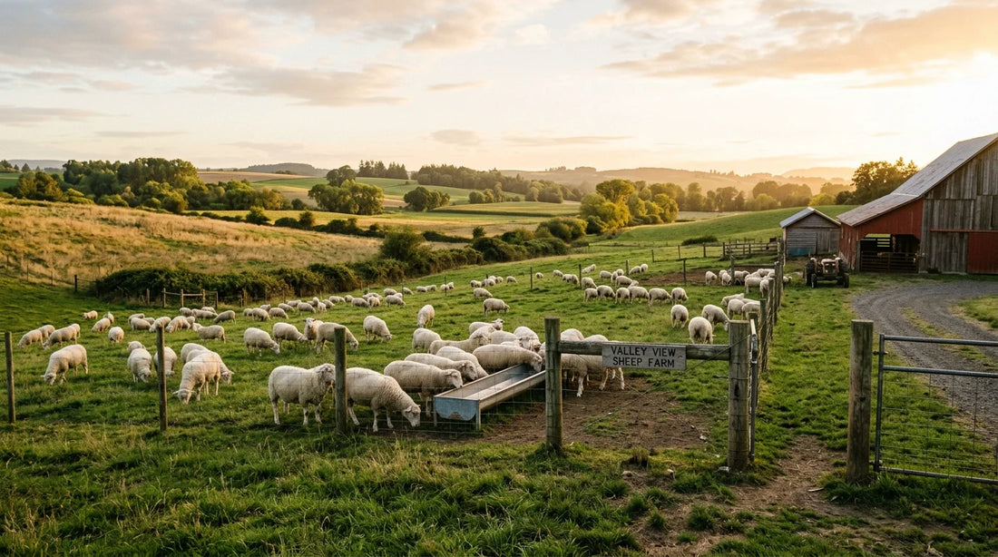 Flock of sheep grazing near a steel feeder on a US pasture farm