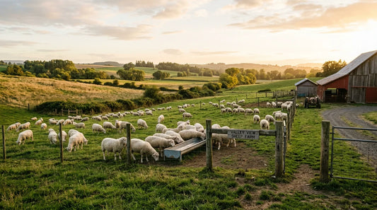 Flock of sheep grazing near a steel feeder on a US pasture farm