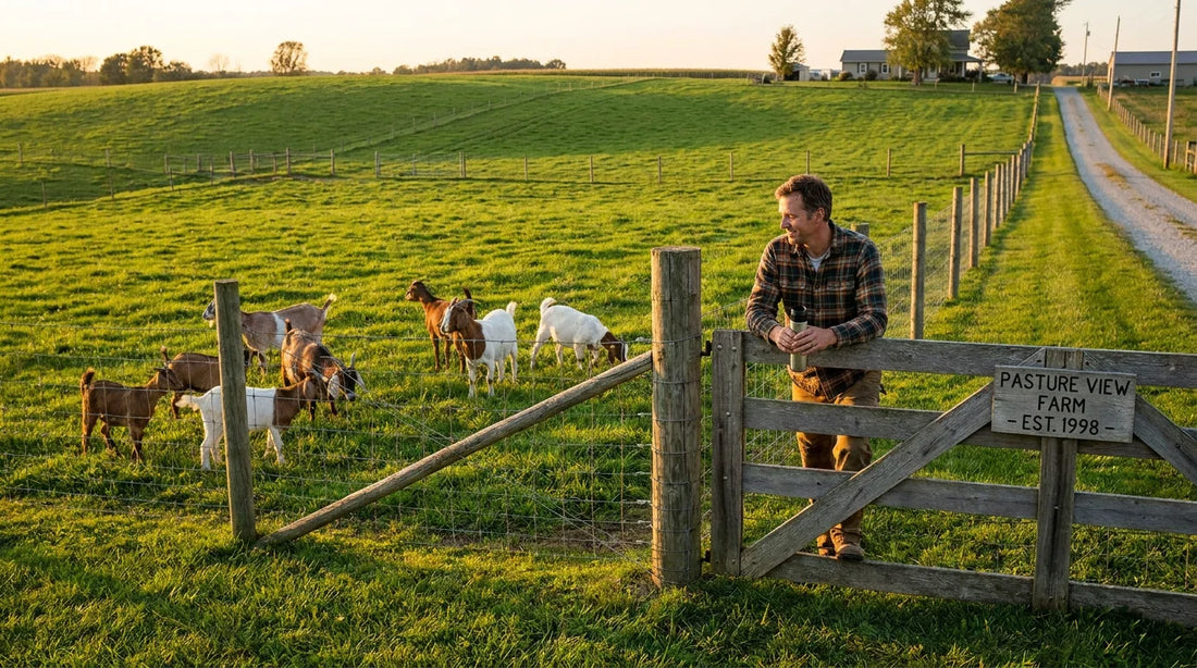 Goat herd grazing safely behind woven wire fencing on a US farm pasture