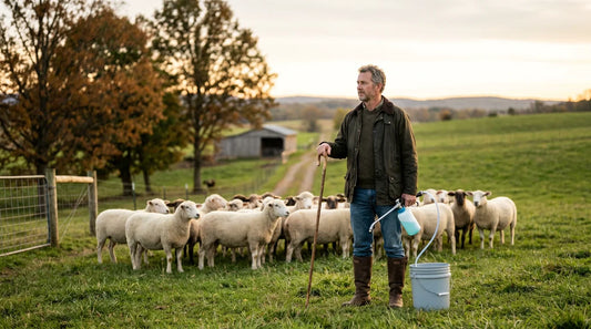 European shepherd with a drenching syringe standing among healthy sheep in a pasture