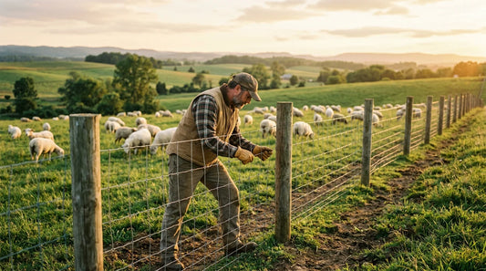 European shepherd inspecting sheep fencing with a grazing flock at golden hour