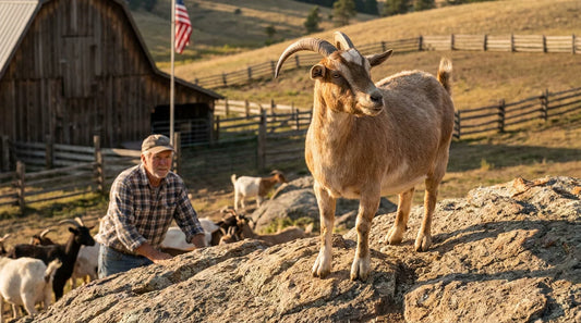 Healthy goat standing on rocky terrain with hooves visible on a US farm