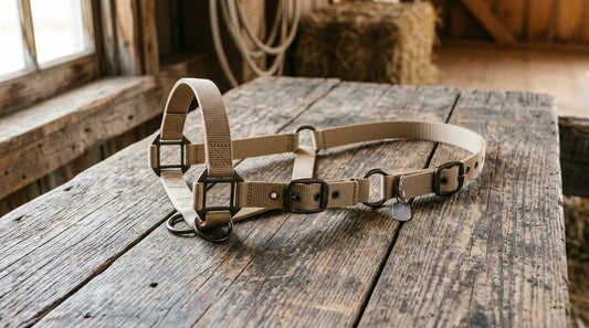 An adjustable nylon sheep halter on a wooden barn surface