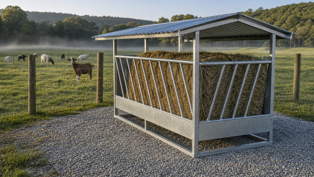 Generic fence-line hay feeder beside a US pasture