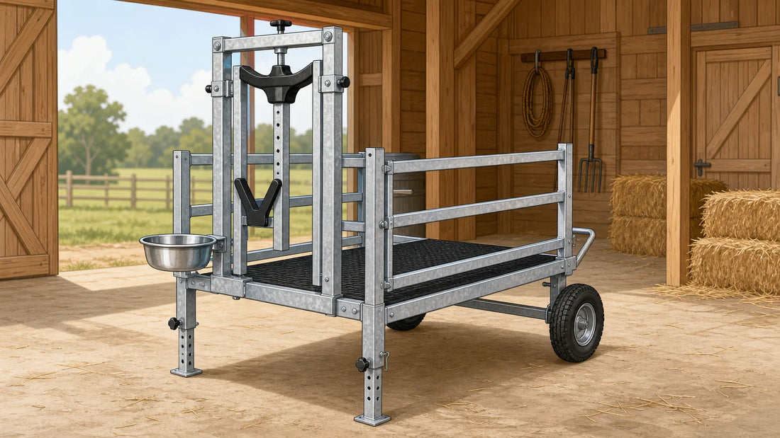 A conventional goat milking stand in a simple barn setting