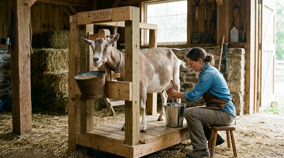 A dairy goat standing on a raised homemade wooden milking stand in a clean barn