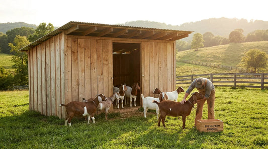 Three-sided wooden goat shelter on a green pasture with goats nearby