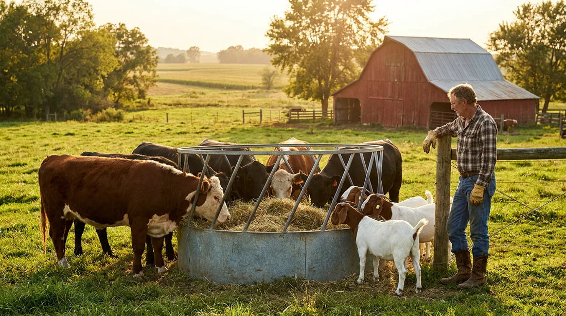 Round bale hay feeder in a green US pasture with livestock feeding at golden hour