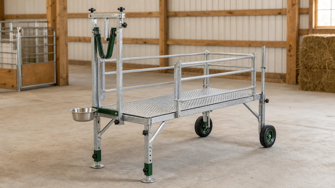 A steel goat care stand with adjustable legs, head restraint, rails, feeder bowl and wheels