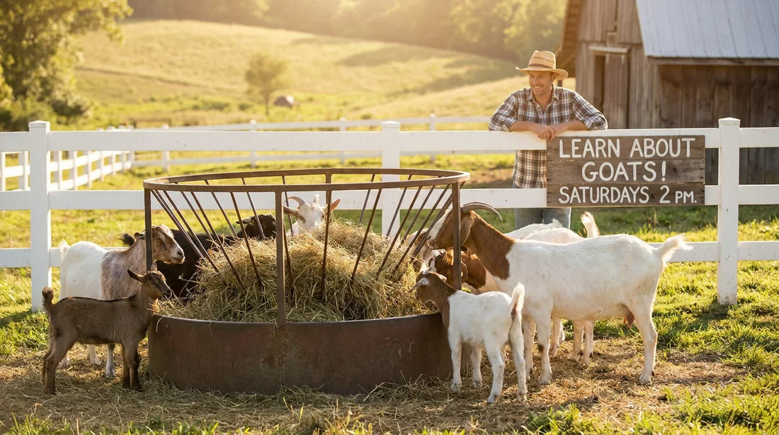 Goats gathered around a metal hay feeder on a sunny American farm pasture