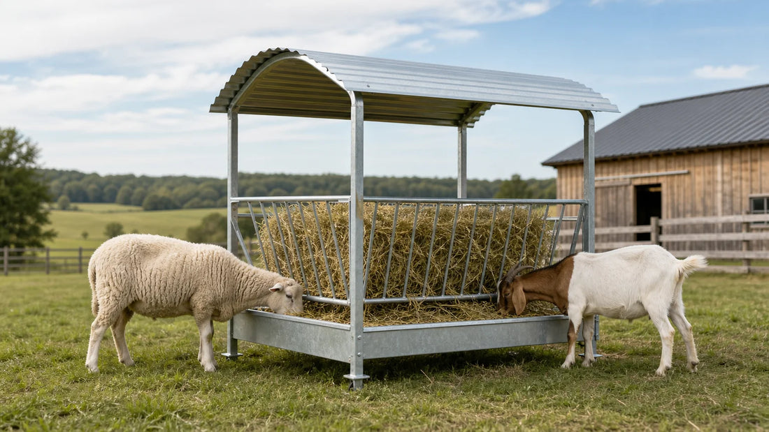 Sheep and goat feeders with covered hay access