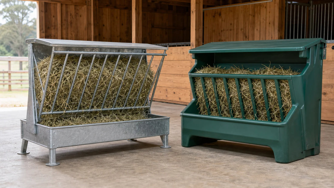 Steel and plastic livestock feeders compared in a US barn