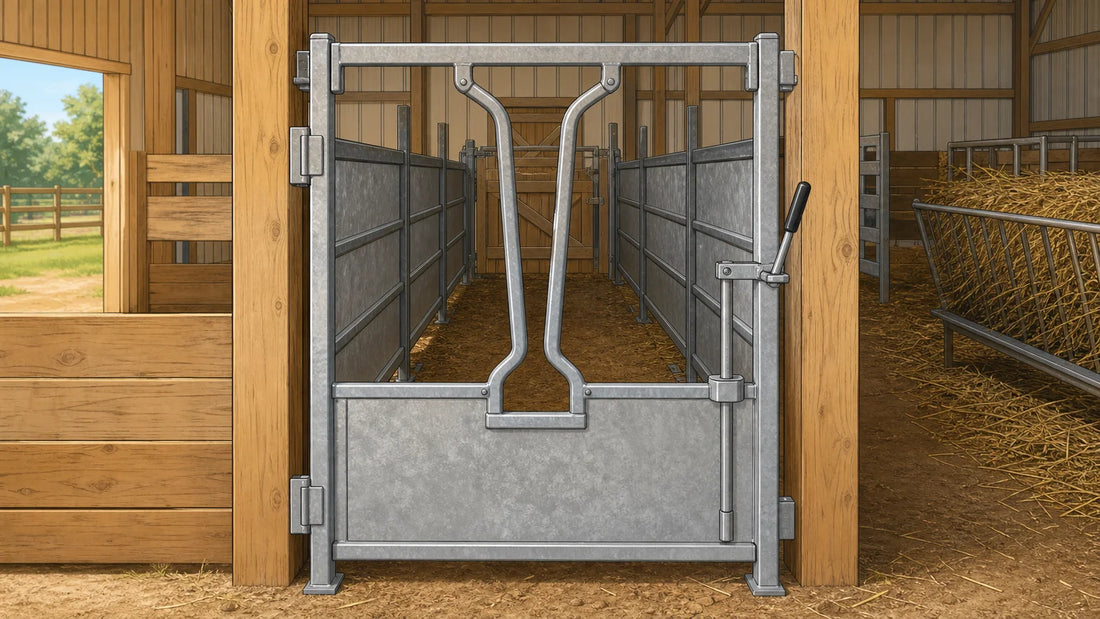 Generic galvanized-steel goat head gate in a barn raceway