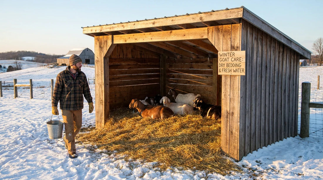 Three-sided goat shelter on a snowy US farm with deep straw bedding and goats inside