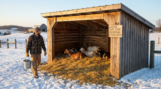 Three-sided goat shelter on a snowy US farm with deep straw bedding and goats inside