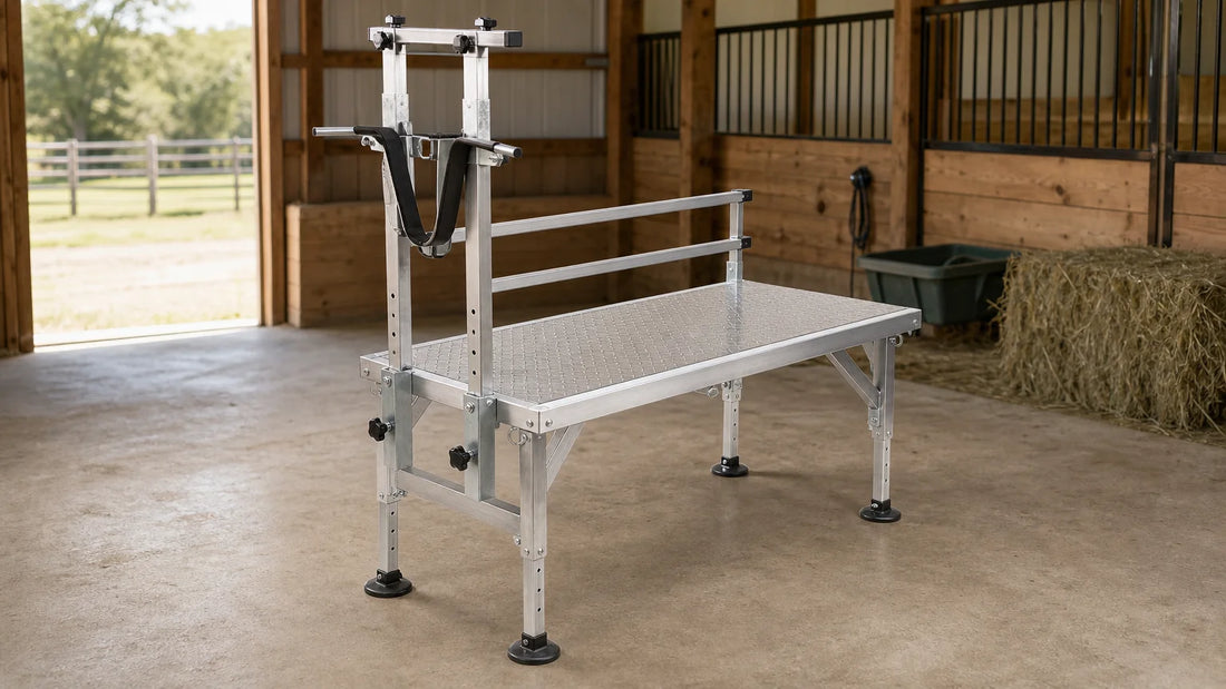 Aluminum goat stand in a clean farm barn
