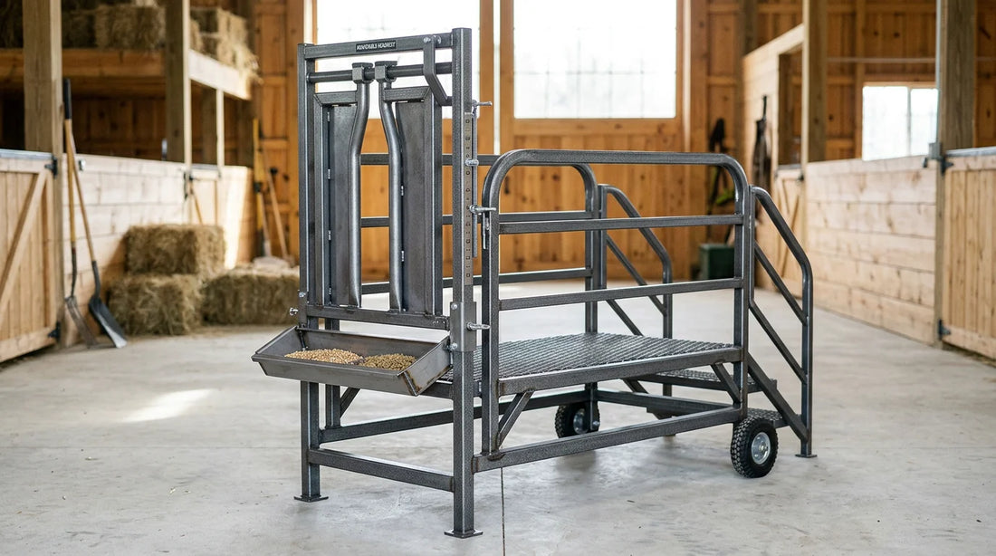 Heavy-duty adjustable steel goat milking stand with headpiece, rails, and wheels