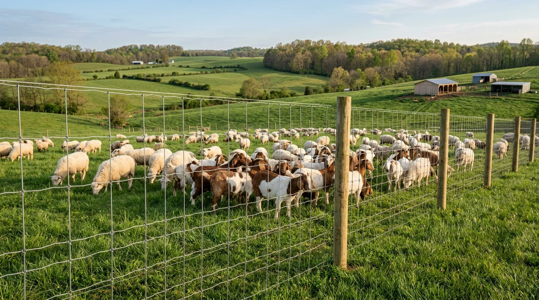 Sheep and goats grazing behind a tall woven wire fence on a US farm