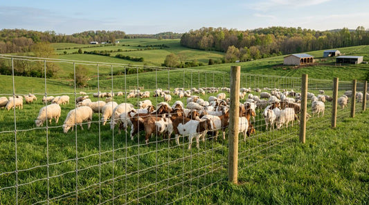 Sheep and goats grazing behind a tall woven wire fence on a US farm